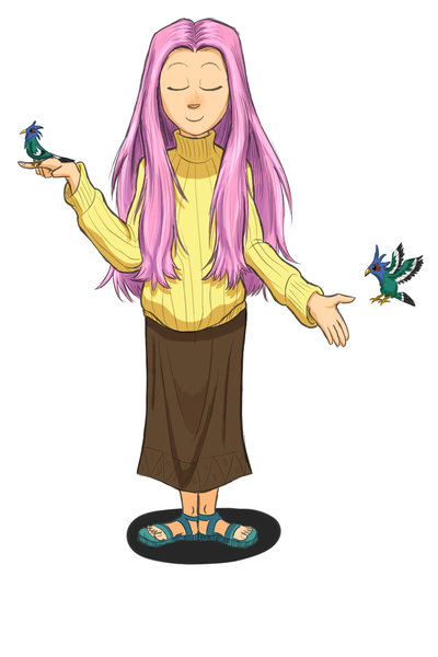 Size: 1000x1500 | Tagged: artist:doorooz, bird, clothes, derpibooru import, fluttershy, human, humanized, long hair, safe, sandals, skirt, smiling, solo, sweater, sweatershy, toes, turtleneck