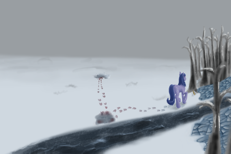 Size: 3000x2000 | Tagged: artist:kopaleo, derpibooru import, forest, hoofprints, ice, limbo, oc, oc:cosmia nebula, river, safe, snow, telescope, unofficial characters only, walking