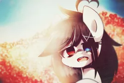 Size: 600x400 | Tagged: safe, artist:lan wu, derpibooru import, oc, oc:lan wu, unofficial characters only, pony, ahoge, crying, hair over one eye, heterochromia, solo