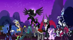 Size: 888x499 | Tagged: safe, artist:edro, derpibooru import, discord, king sombra, lord tirek, nightmare moon, pony of shadows, queen chrysalis, starlight glimmer, storm king, stygian, tempest shadow, alicorn, centaur, changeling, changeling queen, draconequus, unicorn, my little pony: the movie, shadow play, antagonist, armor, broken horn, every villain, glowing eyes, night, ponyville, spread wings, staff, staff of sacanas, villains of equestria, wings