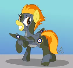 Size: 900x842 | Tagged: safe, artist:buckweiser, derpibooru import, spitfire, pegasus, plane pony, pony, clothes, costume, female, grin, mare, namesake, nightmare night costume, plane, plot pair, pun, smiling, supermarine spitfire, visual pun