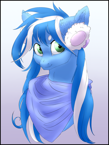 Size: 1520x2020 | Tagged: safe, artist:second-can, derpibooru import, oc, oc:aria winter, unofficial characters only, earth pony, pony, art trade, blue, bust, clothes, earmuffs, female, green eyes, mare, portrait, scarf, solo