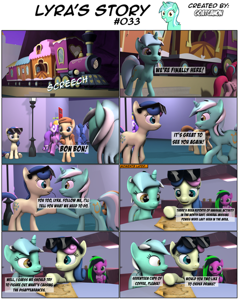 Size: 3928x4920 | Tagged: 3d, artist:goatcanon, blues, bon bon, canterlot, comic, comic:lyra's story, derpibooru import, dialogue, friendship express, lyra heartstrings, map, noteworthy, oc, oc:cream heart, oc:gloomy, oc:tia channel, safe, screwball, source filmmaker, sunglasses, sweetie drops, train