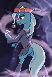 Size: 4550x6650 | Tagged: safe, artist:lula-moonarts, derpibooru import, trixie, pony, unicorn, absurd resolution, clothes, cup, dress, female, hat, little witch academia, mare, mouth hold, plot, side slit, skirt, skirt lift, smiling, solo, teacup, witch, witch hat