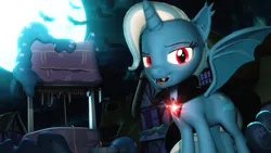 Size: 1920x1080 | Tagged: safe, artist:powdan, derpibooru import, trixie, alicorn, bat, bat pony, bat pony alicorn, pony, vampire, 3d, alicorn amulet, alicornified, bat ponified, cape, clothes, fangs, female, full moon, gmod, looking at you, mare, moon, night, open mouth, ponyville, race swap, red eyes, smiling, solo, source filmmaker, trixiecorn, well