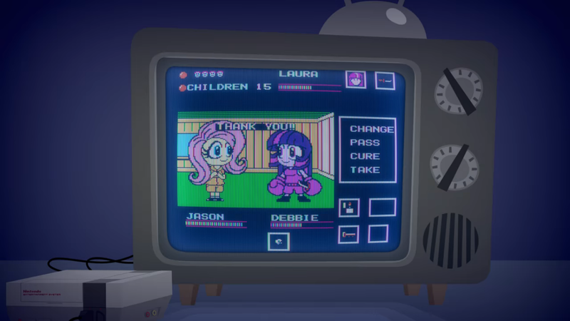Size: 1366x768 | Tagged: artist:2snacks, boxing gloves, derpibooru import, fluttershy, friday the 13th, knife, nintendo entertainment system, pixel art, safe, television, twilight sparkle, two best friends play, two best sisters play