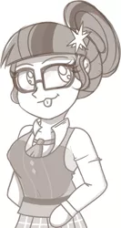 Size: 886x1671 | Tagged: safe, artist:pastelhorses, derpibooru import, sci-twi, twilight sparkle, equestria girls, friendship games, clothes, crystal prep academy uniform, glasses, hair bun, monochrome, school uniform, simple background, sketch, smiling, solo, tongue out