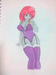 Size: 720x960 | Tagged: suggestive, artist:12alvaro, artist:deream art, derpibooru import, oc, oc:milly scratch, unofficial characters only, equestria girls, adorasexy, annoyed, bags under eyes, blushing, braces, breasts, cleavage, clothes, corset, cute, eyeshadow, female, frilly underwear, frown, garter belt, garters, hips, leotard, lingerie, looking at you, makeup, nervous, offscreen character, panty and stocking with garterbelt, purple underwear, red and black oc, red eyes, red hair, ribbon, serious, serious face, sexy, simple background, sitting, socks, solo, solo female, stockings, thigh highs, thighs, thread, tight, tight clothing, tights, traditional art, uncomfortable, underwear, white background