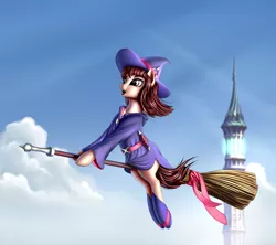 Size: 2000x1776 | Tagged: safe, artist:pony-way, derpibooru import, ponified, pony, akko kagari, anime, boots, broom, clothes, crossover, dress, female, flying, flying broomstick, little witch academia, mare, shoes, skirt, skirt lift, smiling, solo, witch