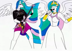 Size: 3495x2470 | Tagged: safe, artist:killerteddybear94, derpibooru import, princess celestia, alicorn, anthro, pony, armpits, breasts, busty princess celestia, cleavage, clothes, cropped, crown, cute, cutelestia, cutie mark, dress, electric guitar, eyes closed, female, flying v, guitar, heavy metal, jewelry, mare, metalestia, microphone, multicolored mane, multicolored tail, necklace, power metal, regalia, rhapsody of fire, shirt, singing, skirt, smiling, spread wings, t-shirt, traditional art, wristband