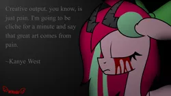 Size: 1600x900 | Tagged: artist:kiwipone, blood, crying, dark, demon, demon pony, depression, derpibooru import, eyes closed, female, mare, melancholy, not to be taken seriously, oc, oc:lucidia gem, quote, semi-grimdark, shitty quote, solo, tears of blood, unofficial characters only, vent art, venting