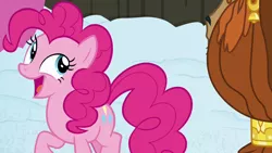 Size: 1280x720 | Tagged: safe, derpibooru import, screencap, pinkie pie, prince rutherford, pony, yak, not asking for trouble, snow