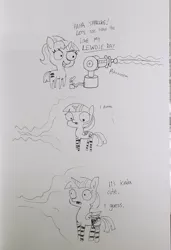 Size: 1440x2100 | Tagged: safe, artist:tjpones, derpibooru import, starlight glimmer, twilight sparkle, twilight sparkle (alicorn), alicorn, pony, unicorn, black and white, clothes, comic, dialogue, duo, ear fluff, equal cutie mark, grayscale, lewd, lineart, monochrome, onomatopoeia, open mouth, panties, pure unfiltered evil, raygun, simple background, smiling, socks, striped socks, traditional art, underwear