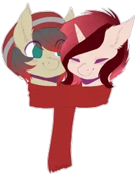 Size: 1024x1316 | Tagged: safe, artist:shiromidorii, derpibooru import, edit, oc, oc:berry blitz, oc:cheat code, unofficial characters only, earth pony, pony, unicorn, beanie, berrycode, bust, clothes, couple, duo, ear fluff, eyes closed, hat, scarf, shared clothing, shared scarf, simple background, smiling, transparent background