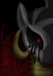 Size: 2480x3508 | Tagged: artist:enigmaticelocution, black sclera, bust, close-up, creepypasta, derpibooru import, glowing eyes, looking at you, portrait, semi-grimdark, solo, super filly adventure, zalgo, zebra, zecora