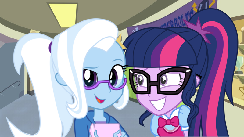 Size: 1134x636 | Tagged: safe, artist:diamondsword11, artist:fundz64, artist:themexicanpunisher, artist:uponia, derpibooru import, sci-twi, trixie, twilight sparkle, equestria girls, alternate hairstyle, canterlot high, clothes, female, glasses, hallway, lesbian, open mouth, sci-twixie, shipping, twixie