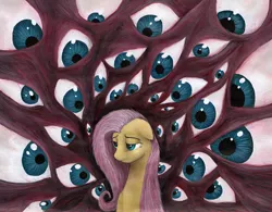 Size: 3999x3119 | Tagged: semi-grimdark, artist:enigmaticelocution, derpibooru import, fluttershy, pegasus, pony, hurricane fluttershy, acrylic painting, eye, eyes, sad, scene interpretation, solo, traditional art