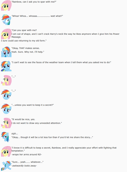 Size: 850x1150 | Tagged: artist:dziadek1990, conversation, derpibooru import, dialogue, emotes, emote story, fluttershy, grumpy, harry, hug, massage, promise, rainbow dash, reddit, safe, sigh, slice of life, sparring, text, training