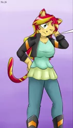 Size: 535x940 | Tagged: safe, artist:dinobirdofdoom, derpibooru import, sunset shimmer, cat, human, equestria girls, big breasts, boots, breasts, busty sunset shimmer, cat nose, cat tail, catgirl, catified, clothes, commission, cropcon, cropped, cute, explicit source, female, huge breasts, jacket, jeans, nyanset shimmer, one eye closed, pants, ponytail, shoes, solo, species swap, tail, whiskers