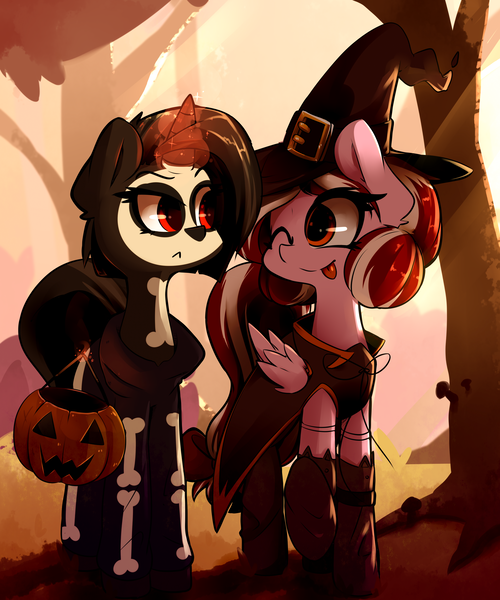 Size: 3117x3744 | Tagged: safe, artist:bloodatius, derpibooru import, oc, oc:cherry blossom, oc:shurelya, unofficial characters only, pegasus, pony, unicorn, clothes, costume, couple, female, glowing horn, halloween, holiday, lesbian, looking at each other, magic, oc x oc, pumpkin bucket, shipping, skeleton costume, smiling, tongue out, tree, witch