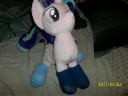 Size: 4288x3216 | Tagged: safe, artist:lilmoon, artist:lordthunder86, derpibooru import, starlight glimmer, pony, unicorn, blanket, chair, clothes, cute, glimmerbetes, irl, photo, plushie, sitting, socks