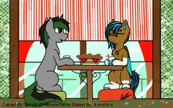 Size: 1280x800 | Tagged: safe, derpibooru import, oc, unofficial characters only, earth pony, pony, unicorn, date, lunch, outdoors, pillow, relaxing, trace