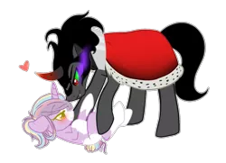 Size: 1941x1409 | Tagged: safe, artist:nikkitatheanimefan, derpibooru import, king sombra, oc, oc:snow splat, pony, unicorn, blushing, canon x oc, eye contact, female, heart, looking at each other, male, mare, on back, shipping, simple background, size difference, stallion, straight, transparent background