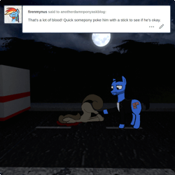 Size: 1280x1280 | Tagged: semi-grimdark, artist:thepristineeye, derpibooru import, oc, oc:intern, unofficial characters only, earth pony, pony, 3d, ambulance, animated, anotherdamnponyaskblog, blender, cycles, face down ass up, female, male, mare, moon, night, poking, road, stallion, stick, tumblr