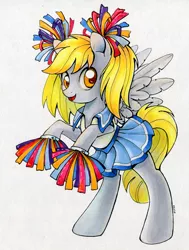 Size: 600x793 | Tagged: safe, artist:maytee, derpibooru import, derpy hooves, pegasus, pony, cheerleader, clothes, costume, female, mare, pom pom, rearing, simple background, smiling, solo, white background