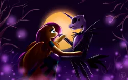 Size: 3200x2000 | Tagged: safe, artist:phuocthiencreation, derpibooru import, fluttershy, ponified, anthro, pegasus, pony, semi-anthro, anthro with ponies, crack shipping, crossover, crossover shipping, female, full moon, halloween, holiday, jack skellington, male, mare, moon, sally, shipping, straight, the nightmare before christmas, tree