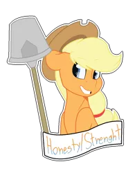 Size: 900x1153 | Tagged: safe, artist:eivilpotter, derpibooru import, applejack, earth pony, pony, female, incorrect eye color, mare, misspelling, old banner, shovel, solo