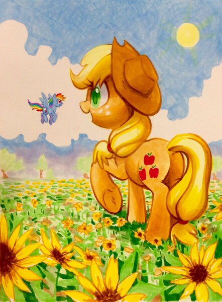 Size: 884x1200 | Tagged: safe, artist:dawnfire, derpibooru import, applejack, rainbow dash, earth pony, pegasus, pony, cowboy hat, duo, female, flower, flying, giant pony, hat, macro, mare, marker, size difference, smoldash, sun, sunflower, traditional art, underhoof