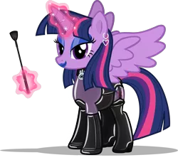 Size: 3331x3000 | Tagged: suggestive, artist:applec1234, deleted from derpibooru, derpibooru import, twilight sparkle, twilight sparkle (alicorn), alicorn, pony, bdsm, bedroom eyes, blue lipstick, bodysuit, bondage, boots, choker, clothes, collar, dominatrix, ear piercing, earring, eyeshadow, female, gloves, glowing horn, high heels, jewelry, latex, latex suit, leotard, levitation, lingerie, lipstick, looking at you, magic, makeup, mare, piercing, riding crop, rubber, rubber suit, see-through, shoes, socks, solo, solo female, spread wings, telekinesis, thigh highs, twidom, vector, wings