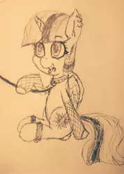 Size: 2160x3026 | Tagged: suggestive, artist:magical disaster, derpibooru import, twilight sparkle, twilight sparkle (alicorn), alicorn, biro sketch, black and white, clothes, collar, ear piercing, earring, eyeliner, fishnets, gloves, grayscale, image, jewelry, jpeg, leash, lip piercing, makeup, monochrome, pet play, pettwi, piercing, smiling, spreader bar