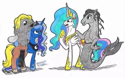 Size: 1024x652 | Tagged: artist:artistnjc, censor bar, censored, derpibooru import, fish, hippocampus, implied shipping, merpony, princess celestia, princess luna, reverse merpony, royal sisters, simple background, suggestive, traditional art, two best friends play, two best sisters play