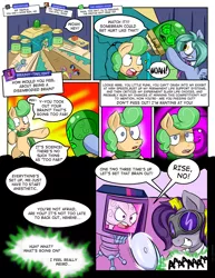 Size: 1280x1656 | Tagged: artist:zanezandell, ask, brain, brainy twilight, clothes, cmcnext, comic, comic:cmcnext, derpibooru import, goggles, grin, mad science, mad scientist, oc, oc:krabby, oc:meteoric rise, oc:sugarbolt, oc:truffle mint, passed out, safe, saw, scarf, smiling, tank (container), tumblr, twilight sparkle, wat