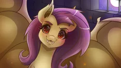 Size: 2560x1440 | Tagged: safe, artist:pitchyy, derpibooru import, fluttershy, bat pony, pony, eyebrows, eyelashes, fangs, female, flutterbat, full moon, grid, indoors, jail, lattice, looking at you, mare, moon, night, prisoner, race swap, red eyes, solo, spread wings, stars, wings