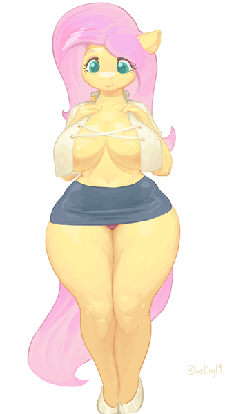 Size: 2160x3820 | Tagged: absolute cleavage, anthro, artist:bluedrg19, big breasts, breasts, busty fluttershy, chubby, cleavage, clothes, cute, derpibooru import, eyeshadow, female, fluttershy, legs, looking down, makeup, moe, questionable, shoes, simple background, skirt, skirt lift, solo, solo female, thighs, thunder thighs, unguligrade anthro, white background, wide hips