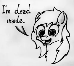 Size: 1792x1613 | Tagged: safe, artist:insanus.ad, derpibooru import, oc, unofficial characters only, pony, bust, chest fluff, dead inside, depressed, depression, dialogue, drowning, female, grayscale, looking at you, mare, monochrome, open mouth, portrait, smiling, solo, traditional art