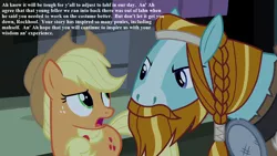 Size: 1280x720 | Tagged: safe, derpibooru import, edit, edited screencap, screencap, applejack, rockhoof, earth pony, pony, season 7, shadow play, braid, female, hat, implied jerks, male, manehattan, mare, stallion, text