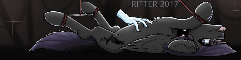 Size: 1590x400 | Tagged: suggestive, artist:ritter, derpibooru import, oc, oc:flevie, unofficial characters only, pegasus, pony, :p, bedroom eyes, belly fluff, bellyrubs, bondage, ear fluff, female, fluffy, hand, leg fluff, looking at you, mare, on back, smiling, solo, solo female, spreader bar, tongue out, wing fluff