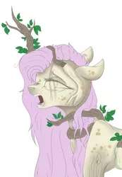 Size: 798x1150 | Tagged: grimdark, artist:holoriot, derpibooru import, fluttershy, pony, a health of information, bad end, body horror, eyes closed, fluttertree, open mouth, pain, plant tf, screaming, simple background, solo, substrate body, swamp fever, transformation, white background