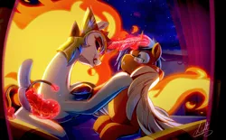 Size: 2100x1299 | Tagged: suggestive, artist:light262, derpibooru import, daybreaker, oc, oc:xante leon, alicorn, pony, banana, blushing, commission, female, food, glowing horn, levitation, licking, licking lips, magic, male, mane of fire, mare, seductive, smiling, stallion, sweat, telekinesis, tongue out