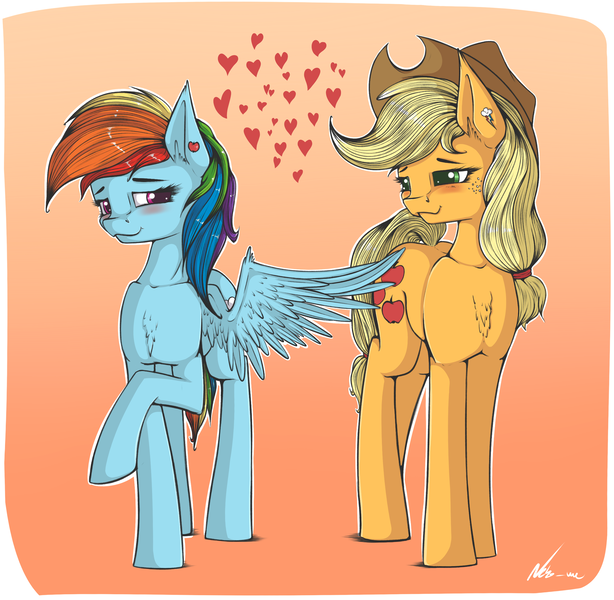 Size: 2555x2495 | Tagged: safe, artist:neko-me, derpibooru import, applejack, rainbow dash, earth pony, pegasus, pony, appledash, blushing, butt touch, feathermarking, female, heart, lesbian, never doubt tchernobog's involvement, raised hoof, shipping, smiling