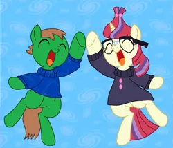 Size: 1265x1081 | Tagged: safe, artist:ianpony98, derpibooru import, moondancer, oc, oc:ian, pony, clothes, duo, female, glasses, happy, high five, male, mare, open mouth, stallion, sweater