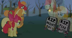 Size: 4096x2160 | Tagged: apple bloom, applejack, artist:raindashesp, big macintosh, bright mac, crying, derpibooru import, feels, ghost, gravestone, implied death, night, pear butter, safe