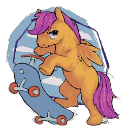 Size: 600x600 | Tagged: safe, artist:feathersandink, derpibooru import, scootaloo, pegasus, pony, female, filly, looking at you, scooter, simple background, solo, transparent background