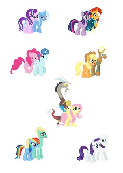 Size: 1024x1443 | Tagged: safe, artist:snufflebug, derpibooru import, applejack, discord, double diamond, fluttershy, party favor, pinkie pie, rainbow dash, rarity, starlight glimmer, sunburst, trenderhoof, trixie, twilight sparkle, zephyr breeze, diamond duo, discoshy, female, lesbian, male, mane six, partypie, shipping, startrix, straight, trenderjack, twiburst, zephdash