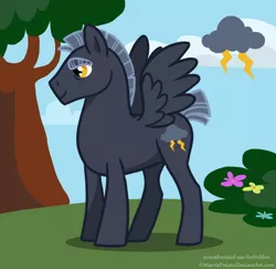 Size: 1484x1440 | Tagged: safe, artist:quailmixalot, derpibooru import, oc, oc:thunderclap, unofficial characters only, pegasus, pony, bush, cloud, cutie mark, eyebrows, grass, male, sky, solo, stallion, tree, wings