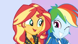 Size: 1358x764 | Tagged: safe, derpibooru import, screencap, rainbow dash, sunset shimmer, a fine line, equestria girls, equestria girls series, geode of empathy, geode of super speed, magical geodes, one eye closed, wink